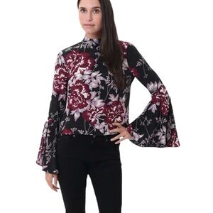 Yumi Kim Black Purple Floral Long Bell Sleeve Silk Shirt Small